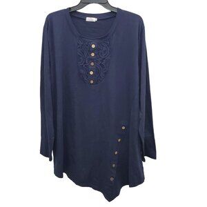 Sweetnight Woman's Navy Blue Wood Button Asymmetrical Henley Tunic Plus Size XXL